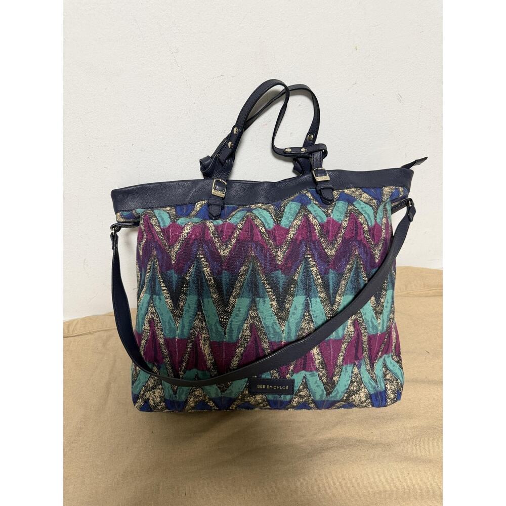 See By Chloe Tote Bag Womens Large Multicolor Chevron Canvas Leather Blue Strap